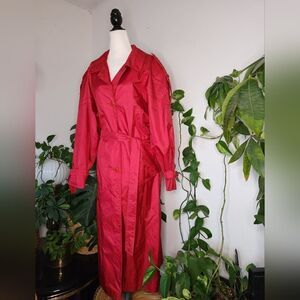 Vintage Trench Lined Coat 80s 90s Red Long Pockets Rain Rainproof XXL 14 Plus Sz